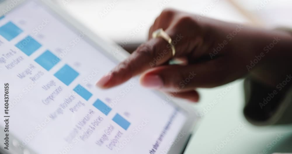 Poster Woman, hands and tablet with screen, graphs and review for company sales or data analysis in office. Tech, ux and person for report of statistics, revenue and profit with ui and business analytics