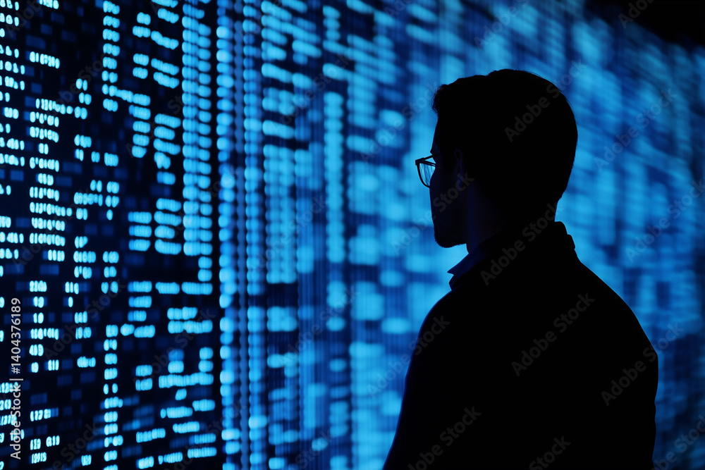 Poster man is looking at a computer screen with a lot of numbers on it. he is wearing glasses and he is foc