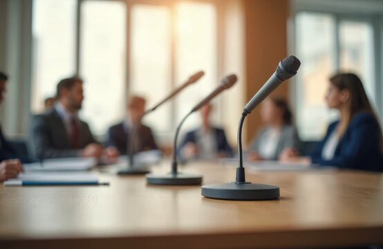 Conference room with microphones ready for presentation. Business meeting or seminar with people in modern office. Blurred background, public speaking event, audience, communication concept.