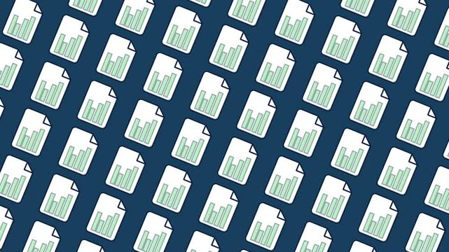 Animation of colorful flat lay overlay chart of economy in document notes icon moving smoothly isolated in dark blue seamless pattern loop background , pattern background of business icon