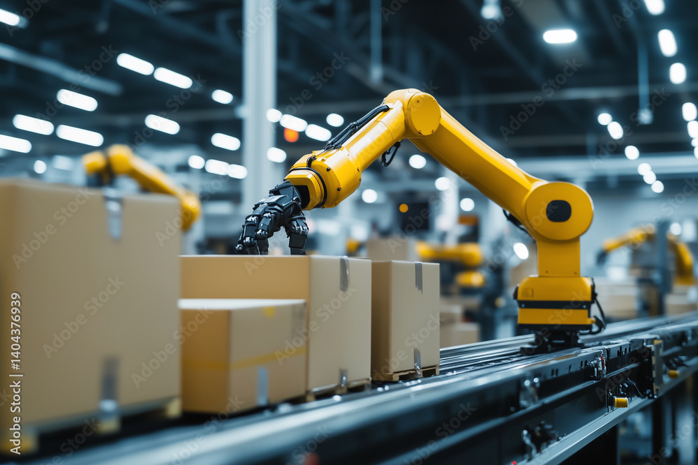 Poster yellow robot is working on a conveyor belt with boxes. the robot is in a factory setting and he is f