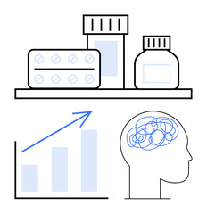 Medication bottles, pill pack on shelf, brain with tangled lines, rising progress graph. Ideal for healthcare, mental health, wellness, therapy, neuroscience personal growth flat simple metaphor