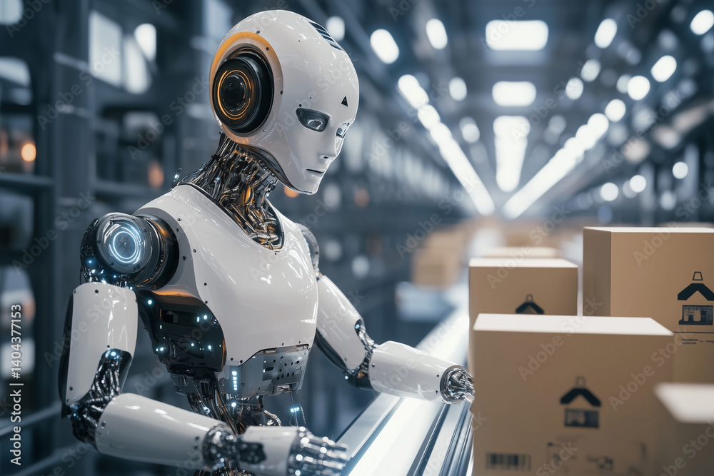 Aufkleber robot is working in a warehouse, sorting boxes. the robot is white and has a metallic appearance. th