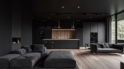 Stylish black living room featuring elegant wooden accents.
