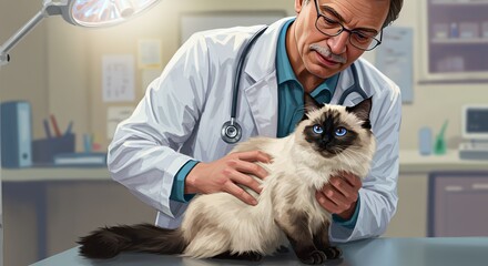 Veterinarian Examining a Fluffy Beige Cat with Blue Eyes in a Clinic