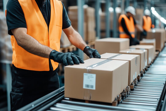 man in an orange vest is working on a conveyor belt with boxes. He is wearing gloves and a safety vest