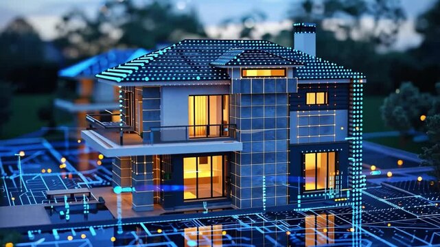 This dynamic visual showcases a modern estate embodiment of cutting-edge architecture, fused with artificial intelligence themes as daylight fades, revealing illuminated details and a sleek design.