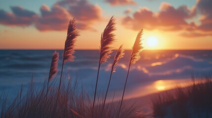 Naklejka premium Seascape sunset featuring grass with ocean waves. Scenic landscape of natural beauty.