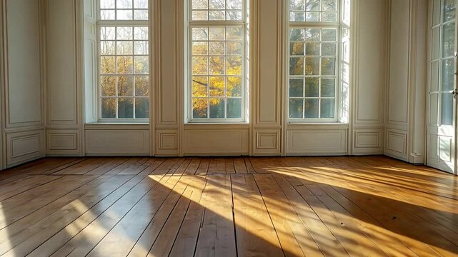 This bright, vacant room showcases sunlight streaming through expansive windows.