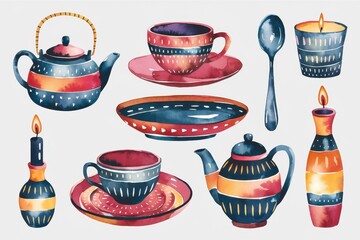 Watercolor Tea Set and Candles: A Cozy and Elegant Still Life