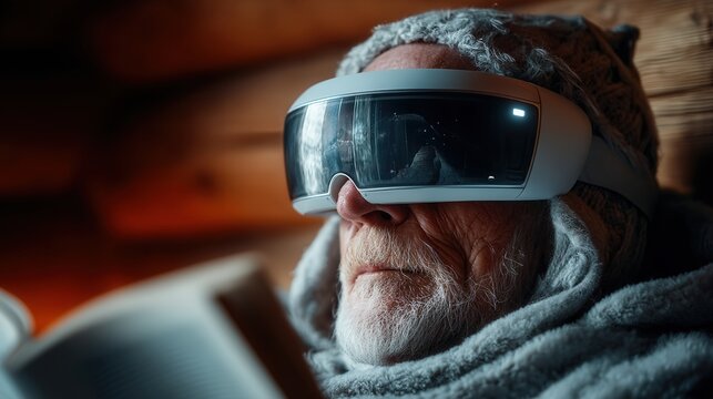 An elderly man reads with ease using AI-powered glasses in a warm, sunlit room—merging heartfelt storytelling with accessible technology.