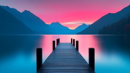 Fototapeta premium Serene Sunset Over a Still Lake with a Wooden Pier and Silhouetted Mountains
