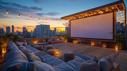 Cozy Rooftop Movie Night with Stunning City Skyline at Sunset