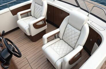 Luxury motorboat control cabin. White leather seats, steering wheel and gear lever. Wooden deck, sea view. Comfortable interior, modern design. Premium travel, lifestyle, recreation.
