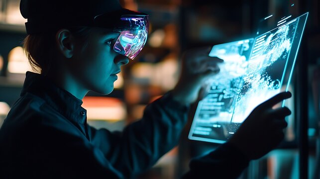 Rear angle of a focused learner interacting with a 3D holographic display of an open textbook 