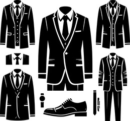 A collection of black and white suit illustrations with ties and a shoe on a white background