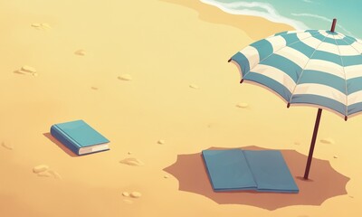 A cozy beach setup with a striped umbrella, folded towel, and a book on golden sand, soft shading, warm sunlight, flat design style.