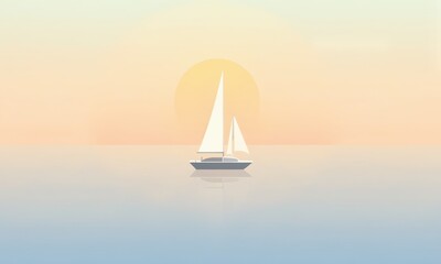 Fototapeta premium A minimalist illustration of a lone sailboat gliding on calm ocean waters under a pastel sunset, simple shapes, gradient sky, and reflective water surface.