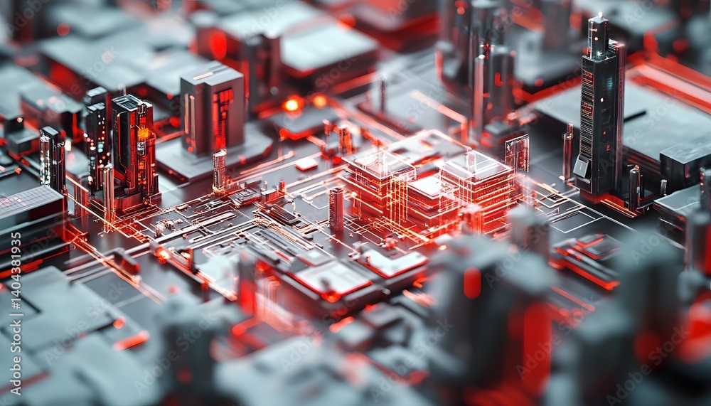 Poster a close-up view of a futuristic microchip design illuminated with vibrant red light. the intricate c