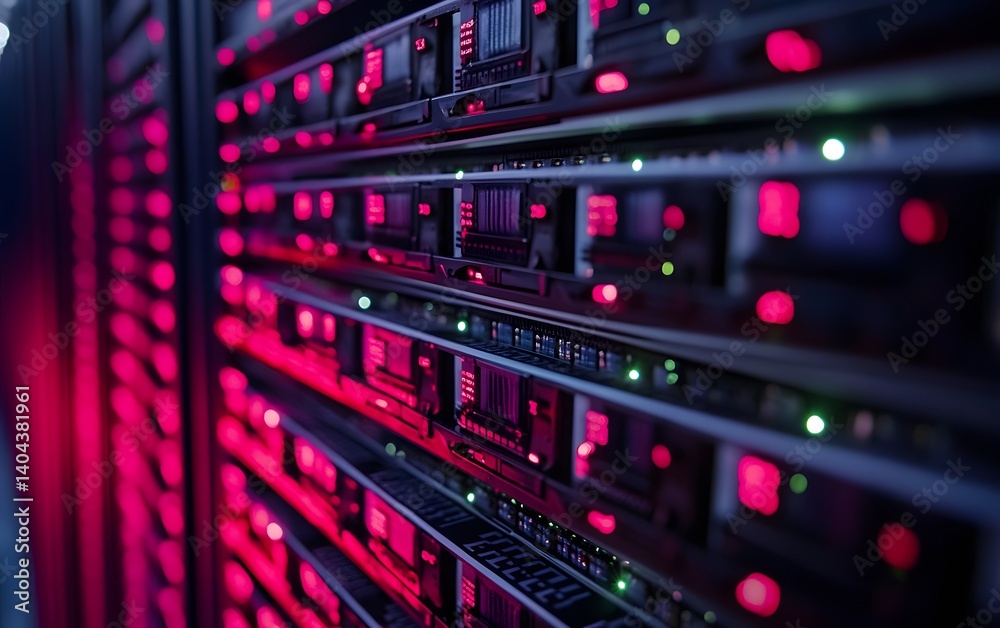 Poster a close-up view of a high-tech server room with illuminated servers and advanced technology componen