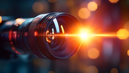 A close-up view of a camera lens capturing light, showcasing its intricate design and the beauty of photography. The lens reflects enchanting bokeh effects, focusing on creativity.