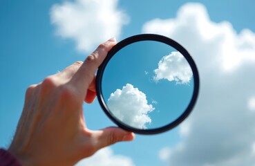 Hand holds polarizing filter. Camera lens accessory. Through filter, bright blue sky, fluffy white clouds visible. Circular glass shows nature, landscape. Photographer using tool for creative photo