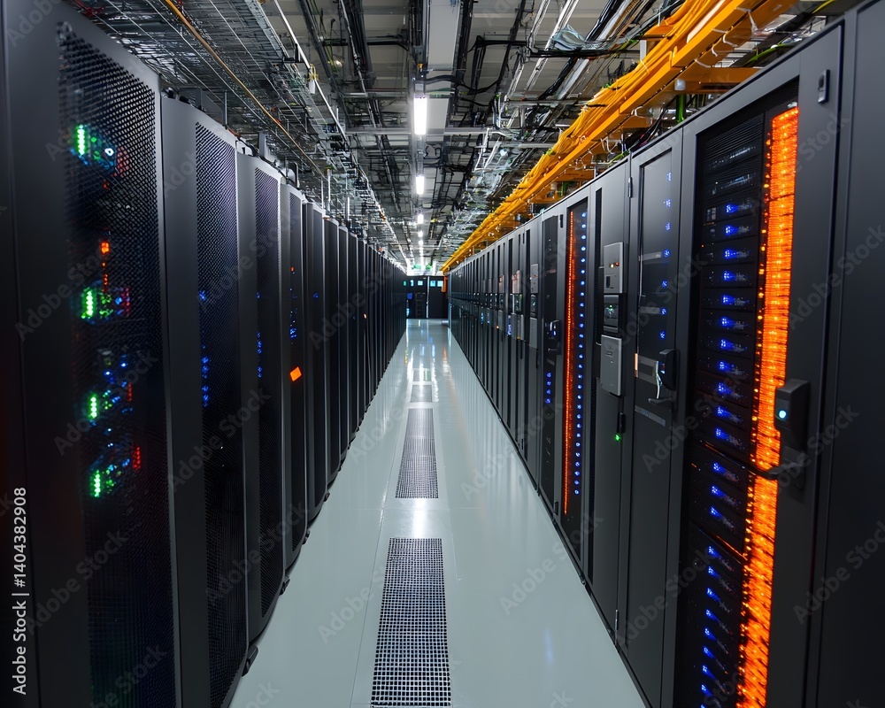Poster a modern data center showcasing rows of servers with illuminated panels, reflecting advanced technol