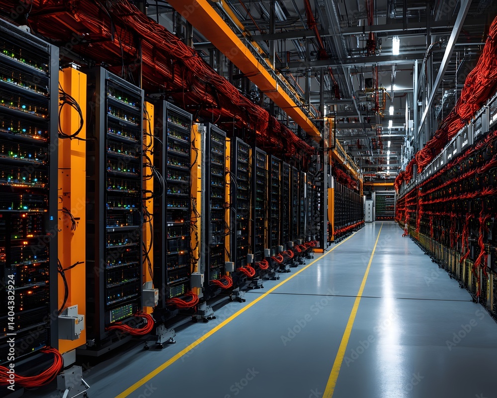 Poster a modern data center filled with rows of servers and intricate wiring. the efficient design highligh