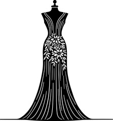 A black and white drawing of a dress form surrounded by flowers and potted plants in a vector style