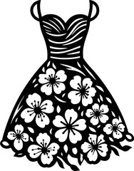 A graphic black and white dress adorned with flowers and a branch with leaves in a cutout style