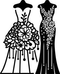 Black and white floral dress designs on mannequins with a potted plant illustration art piece