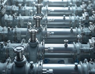 Industrial osmotic plant for water purification. Modern factory piping system for drinking water production. Clean, pure water manufacturing facility. Close-up of industrial equipment detail.