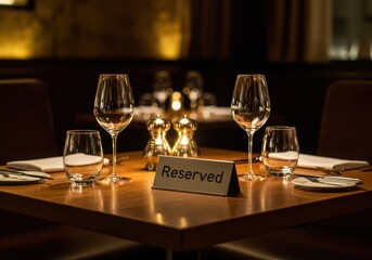 A reserved table setting with wine glasses and silverware in a dimly lit restaurant scene