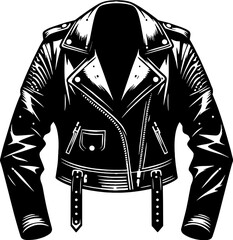 Illustration of a black leather biker jacket with zippers and belts on a white background