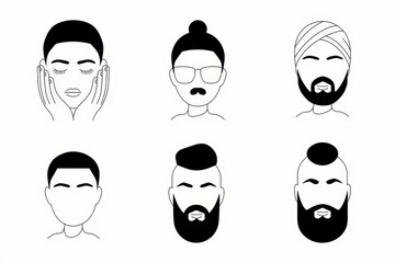 Collection of Diverse Male and Female Faces:  Stylish Hair, Beards, and Headwear Illustrations