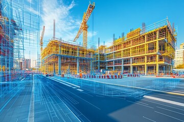 Building under construction with cranes and overlaid architectural plans