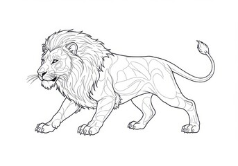 Fototapeta premium Outline drawing of a lion walking with detailed mane and body patterns in black and white style