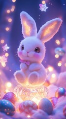 Adorable Easter bunny with decorated eggs and shiny star on a blue background. Digital render. Happy easter concept.