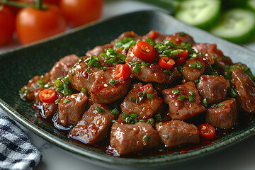 Savory Gizzards with Blackberry Glaze and Peppers on a Plate