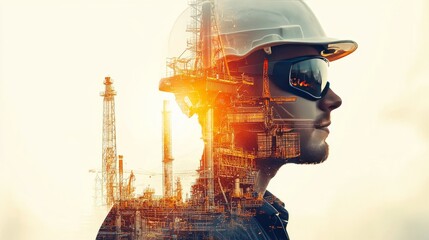 Engineer with Safety Helmet Overlaid on Oil Rig and Industrial Background