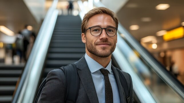 Businessman with glasses stands in front of an escalator