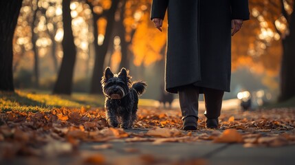 Person walking dog in autumn park covered with leaves