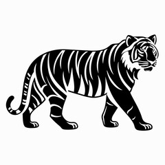 Naklejka premium Striking Black And White Tiger Illustration Walking Confidently On A White Background