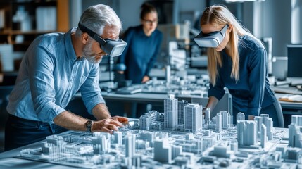 Architects examine city model using virtual reality headsets in office