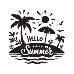Black and white island design with palm trees, sun, umbrella, and "Hello Summer" text in fun typography.