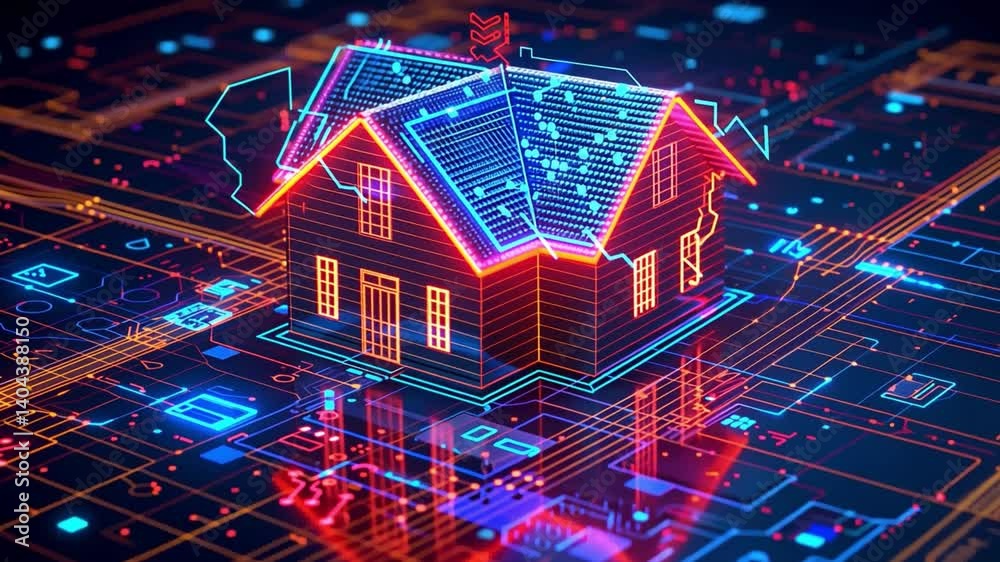 Poster a digital illustration features a house outlined with vibrant neon colors, surrounded by intricate c