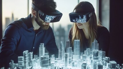 Two people wearing vr headsets examine a holographic city