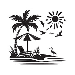 Minimal tropical island with palm, chair, umbrella, sun, and birds in black silhouette on white background.