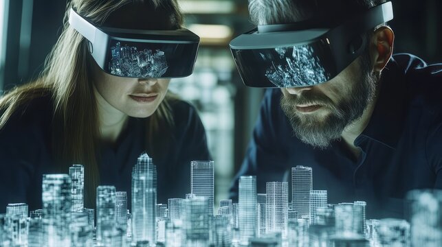 Two engineers review a holographic city model using vr headsets - Powered by Adobe