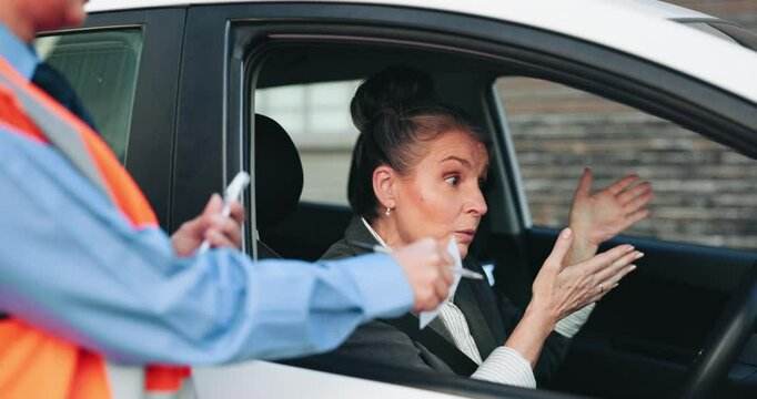 Angry, police officer and ticket for driver, car and fine for violation on road, disappointed or travel. Argument, traffic cop and warning for mature person in vehicle, public safety or communication